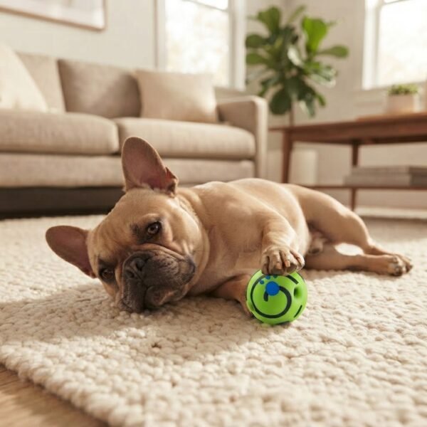 French Bulldog playing with the small green Giggle Sound Ball Dog Toy on a living room rug petzvibes.com