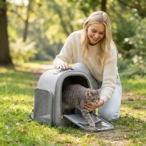 Large Capacity Pet Carrier Backpack Lifestyle Blonde woman outdoors helping a grey tabby cat climb out of the grey Large Capacity Pet Carrier Backpack on a sunny park path
