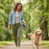 Retractable Dog Leash for Small Dogs Lifestyle Dog Young woman walking a mid-size dog on a purple PetzVibes bone-print retractable leash in a park