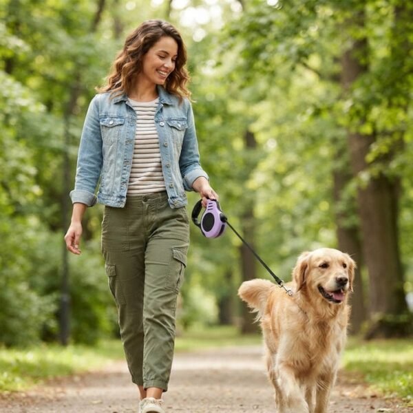 Retractable Dog Leash for Small Dogs Lifestyle Dog Young woman walking a mid-size dog on a purple PetzVibes bone-print retractable leash in a park