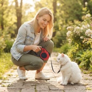Blonde woman with a fluffy white cat on a red PetzVibes bone-print retractable leash, outdoor lifestyle photo