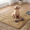 Puppy sitting on a Khaki Anti-Leakage Waterproof Dog Bed Cover laid over a carpet floor
