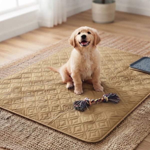 Puppy sitting on a Khaki Anti-Leakage Waterproof Dog Bed Cover laid over a carpet floor