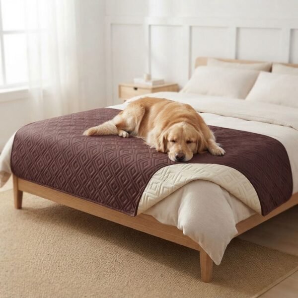 Golden retriever resting on a Maroon Anti-Leakage Waterproof Dog Bed Cover draped over a bed in a cozy bedroom