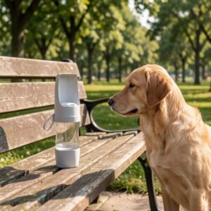 Grey portable pet water bottle with food storage sitting on a park bench next to a golden retriever