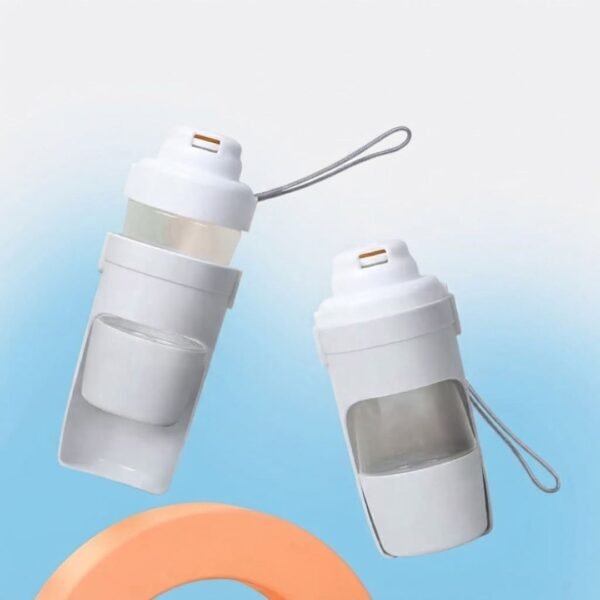 petzvibes-water-bottle-food-storage-floating-pair-brand-bg Two white portable pet water bottles with food storage compartments floating against a PetzVibes-branded light blue background