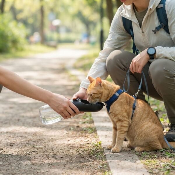 Black PetzVibes portable pet water bottle being used to give a cat water during outdoor travel