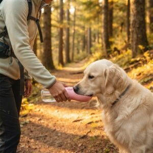 Pink PetzVibes portable dog water bottle being used to give a dog water during a hiking trail walk