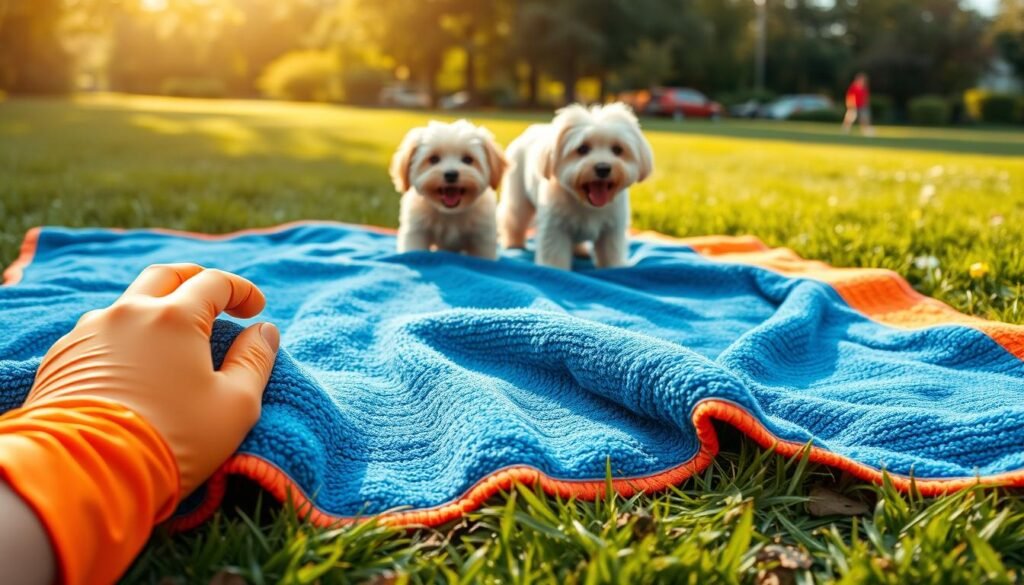 A Chenille pet towel with hand pockets is laid out prominently on a grassy surface, inviting for easy dog cleanup. The towel showcases its soft, textured surface, with vivid colors like deep blue and bright orange, emphasizing its absorbent quality. In the foreground, two gloved hands reach into the hand pockets, illustrating the towel's unique design for convenience. In the middle ground, two happy, fluffy dogs are playfully shaking off water, their fur glistening under soft, natural sunlight. The background features a serene park setting with gentle greenery and blooming flowers, enhancing the cheerful and relaxed atmosphere. The lighting is warm and inviting, creating a cozy mood, with a slight lens blur on the edges to focus attention on the towel and the playful dogs. A Chenille pet towel with hand pockets is laid out prominently on a grassy surface, inviting for easy dog cleanup. The towel showcases its soft, textured surface, with vivid colors like deep blue and bright orange, emphasizing its absorbent quality. In the foreground, two gloved hands reach into the hand pockets, illustrating the towel's unique design for convenience. In the middle ground, two happy, fluffy dogs are playfully shaking off water, their fur glistening under soft, natural sunlight. The background features a serene park setting with gentle greenery and blooming flowers, enhancing the cheerful and relaxed atmosphere. The lighting is warm and inviting, creating a cozy mood, with a slight lens blur on the edges to focus attention on the towel and the playful dogs.