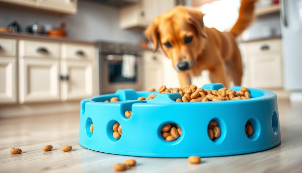 A bloat prevention dog bowl designed for fast-eating dogs, featuring a vibrant blue puzzle-like structure with raised obstacles to slow down feeding. In the foreground, the bowl is filled with dry dog food, emphasizing its unique design. The middle ground showcases a curious dog, a golden retriever, eagerly approaching the bowl, with its tail wagging in anticipation. The background includes a cozy kitchen setting with soft, natural lighting filtering through a window, creating a warm atmosphere. The lens captures a close-up view, highlighting the details of the bowl&rsquo;s contours and the texture of the kibble, while the overall mood conveys a sense of playfulness and health-consciousness.