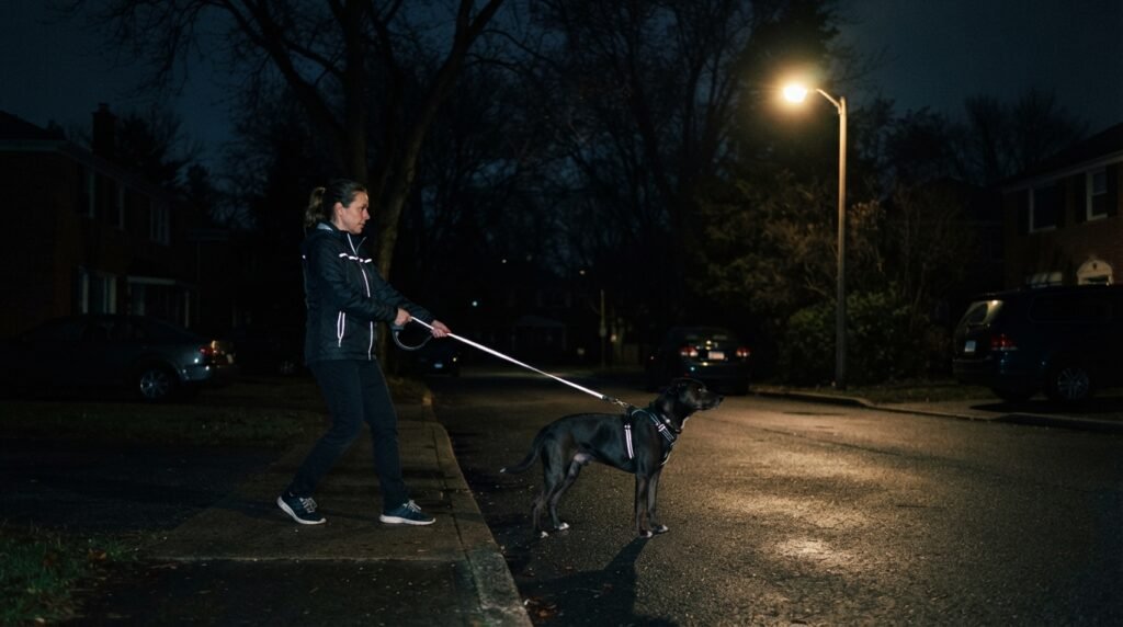 A dark, quiet neighborhood street at night, illuminated by a solitary streetlamp casting a warm, soft glow, creating a contrast against the deep blue-black sky. In the foreground, a cautious dog walker, dressed in a reflective jacket, holds a leash tightly attached to a medium-sized dog. The dog appears alert and slightly tense, aware of the surroundings. In the middle ground, shadowy outlines of parked cars and unlit houses create a sense of unease. The background features dark trees with minimal moonlight filtering through their branches, enhancing the stealthy atmosphere. The scene evokes a feeling of caution and awareness, emphasizing the risks associated with nighttime dog walking, underlining safety and vigilance in an urban setting. The composition captures an angle that focuses on the subjects while allowing for a sense of depth and surrounding danger.