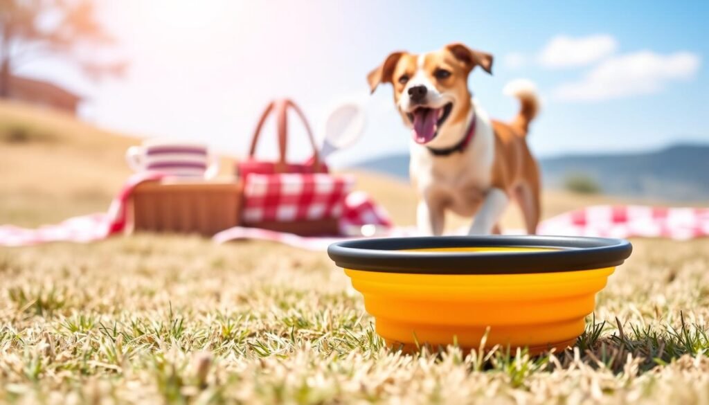 A vibrant and practical collapsible dog bowl designed for travel, positioned in the foreground. The bowl is brightly colored, made of durable, lightweight silicone, clearly showing its folded and open states to highlight its portability. In the middle ground, a scenic outdoor setting reflects a sunny day, with soft grass and a blue sky, suggesting an adventure with a dog. Nearby, a playful dog eagerly approaches the bowl, representing a happy, on-the-go canine. The background features a blurred outline of a picnic setup, enhancing the travel theme. The image is well-lit with natural sunlight, creating a cheerful atmosphere, captured with a slightly elevated angle to showcase both the bowl and the dog's excitement. No text or logos are present, ensuring a clean and professional look. A vibrant and practical collapsible dog bowl designed for travel, positioned in the foreground. The bowl is brightly colored, made of durable, lightweight silicone, clearly showing its folded and open states to highlight its portability. In the middle ground, a scenic outdoor setting reflects a sunny day, with soft grass and a blue sky, suggesting an adventure with a dog. Nearby, a playful dog eagerly approaches the bowl, representing a happy, on-the-go canine. The background features a blurred outline of a picnic setup, enhancing the travel theme. The image is well-lit with natural sunlight, creating a cheerful atmosphere, captured with a slightly elevated angle to showcase both the bowl and the dog's excitement. No text or logos are present, ensuring a clean and professional look.