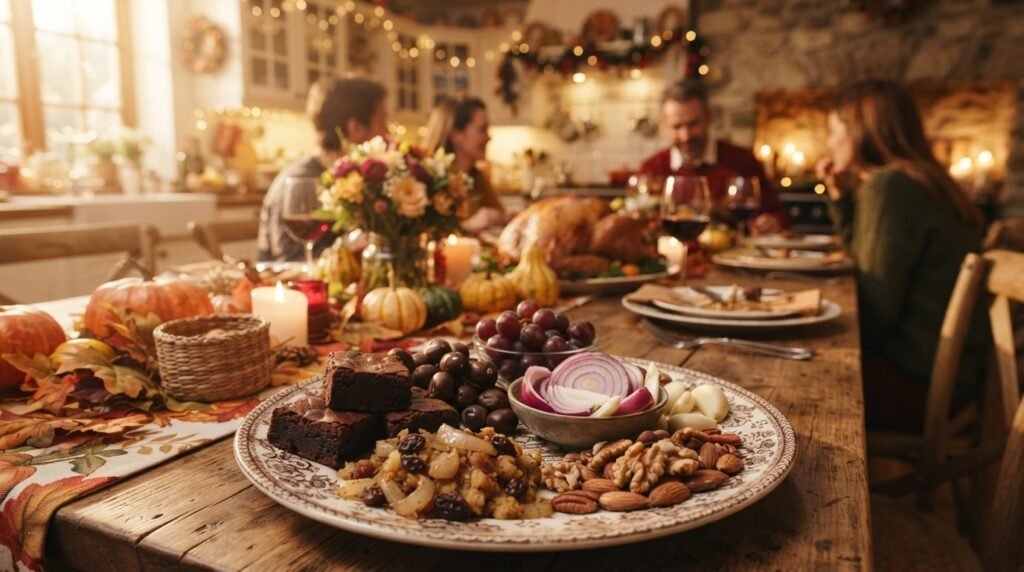 A visually striking depiction of a festive table setting filled with toxic Thanksgiving foods that are harmful to dogs. In the foreground, feature a plate overflowing with popular but dangerous items like chocolate desserts, grapes, onions, and nuts, all enticingly arranged. In the middle, a beautifully decorated Thanksgiving table with vibrant autumn decorations, including pumpkins and cornstalks, creating a warm, inviting atmosphere. The background showcases a softly lit kitchen with hints of traditional Thanksgiving decor, creating a cozy mood. Use warm, soft lighting to invoke a sense of caution amidst the festive imagery, and focus on a slight overhead angle to capture all elements harmoniously. The scene should convey a warning about these foods in a subtle yet impactful way, with no text or distractions.